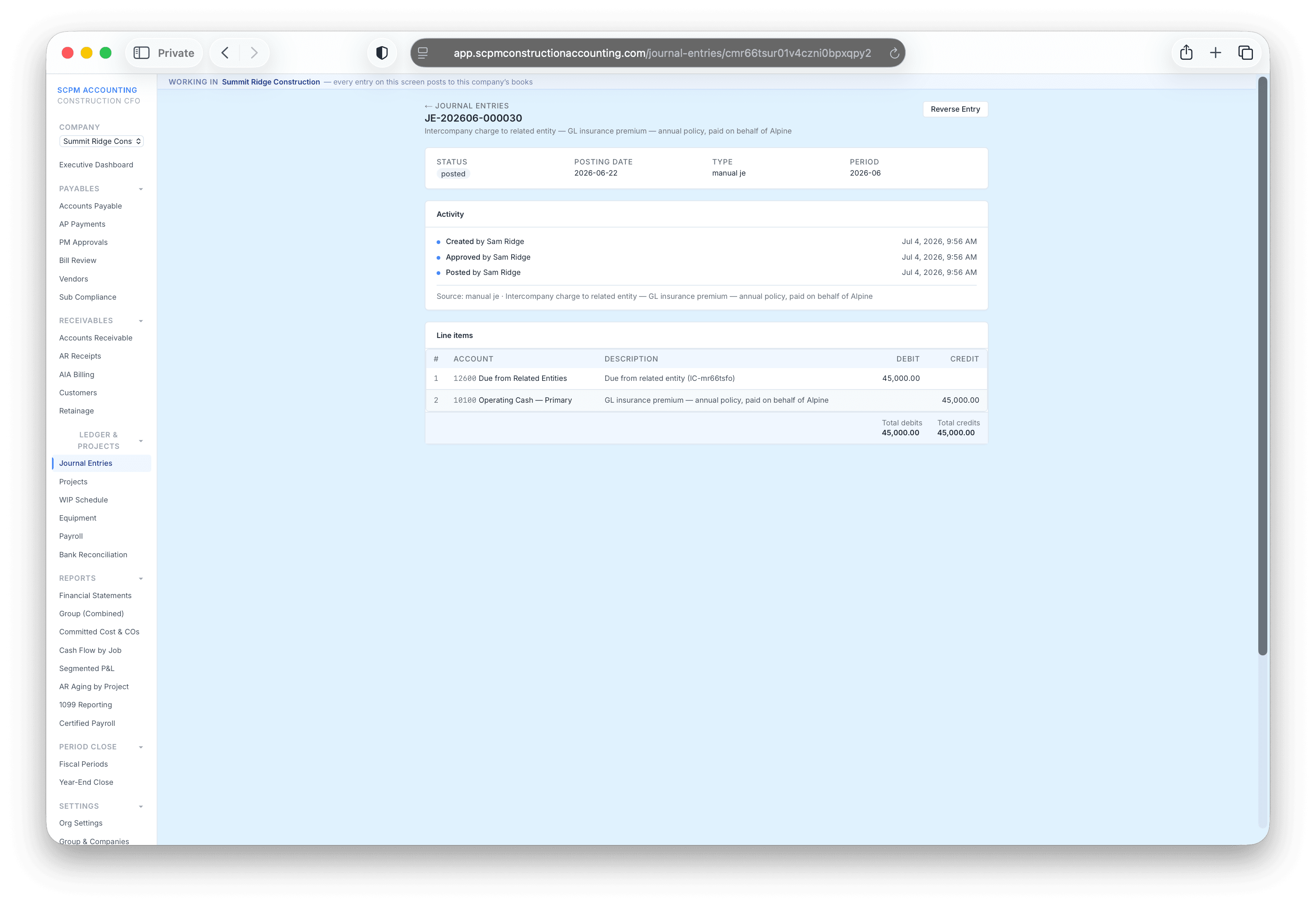 A posted journal entry — status, full activity log, and line items down to the debit and credit