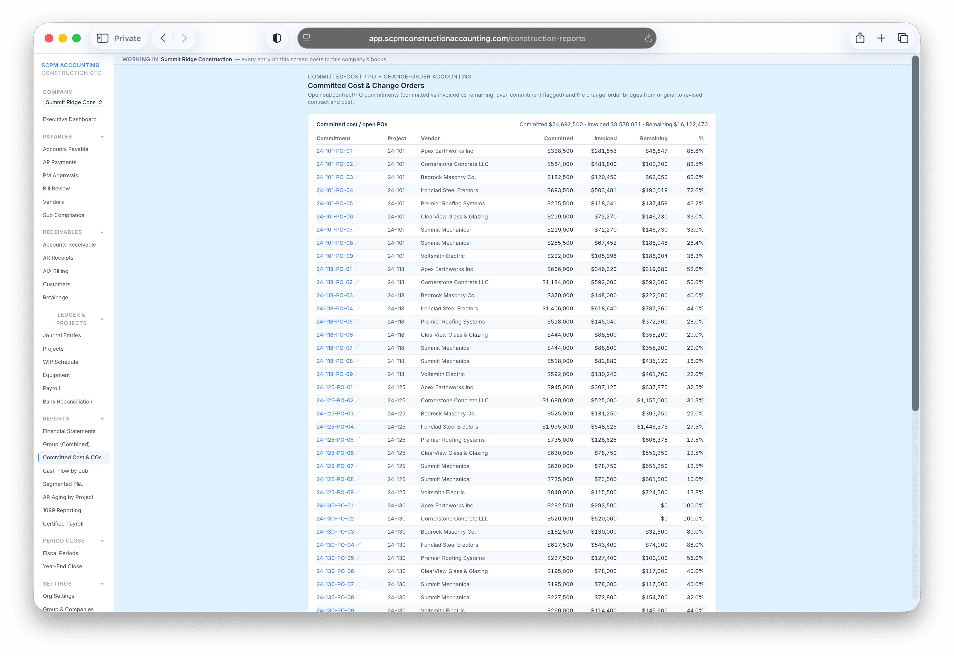Committed cost and change-order report — committed vs. invoiced vs. remaining, per vendor and project