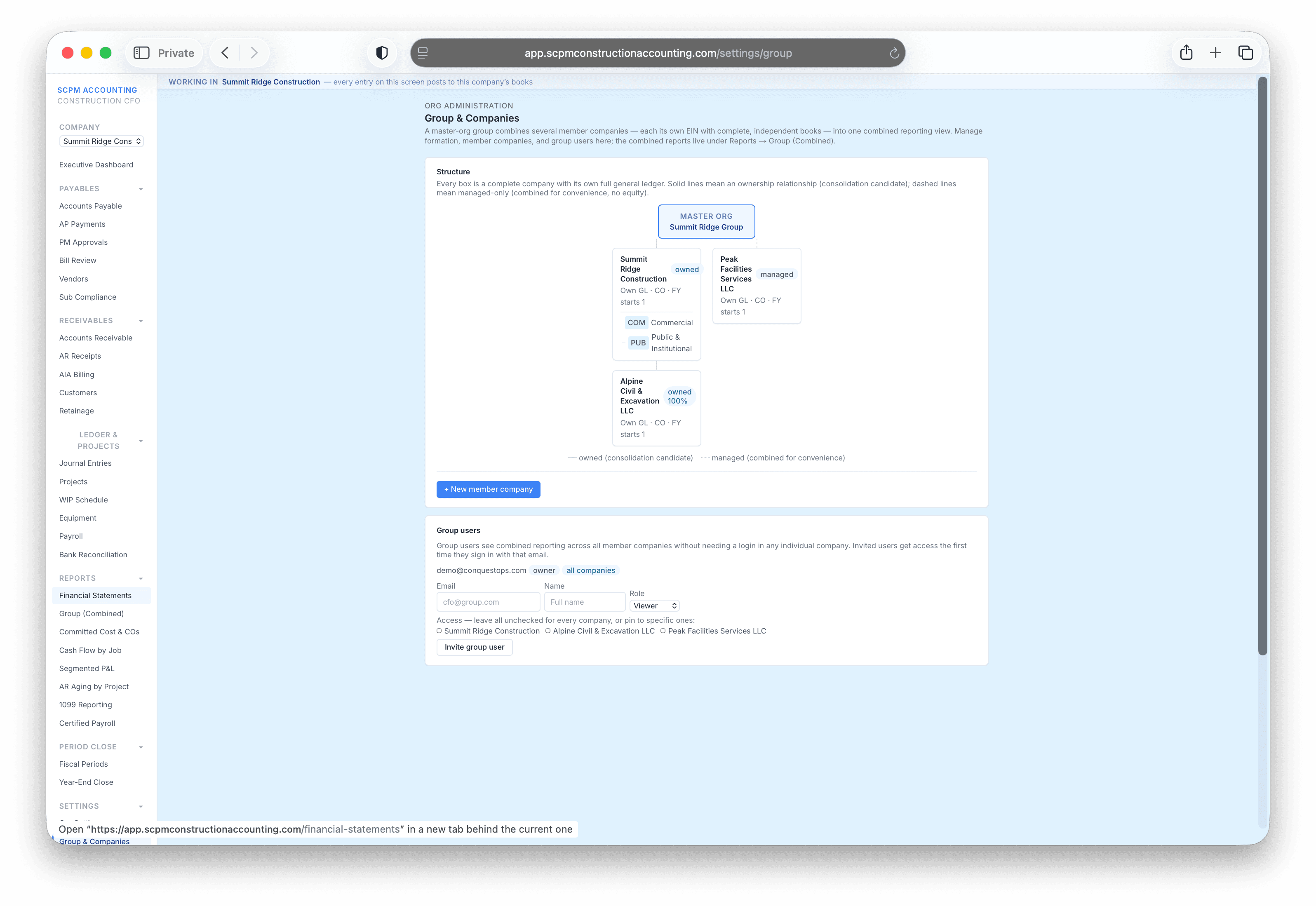 Org chart control surface showing a multi-company group structure