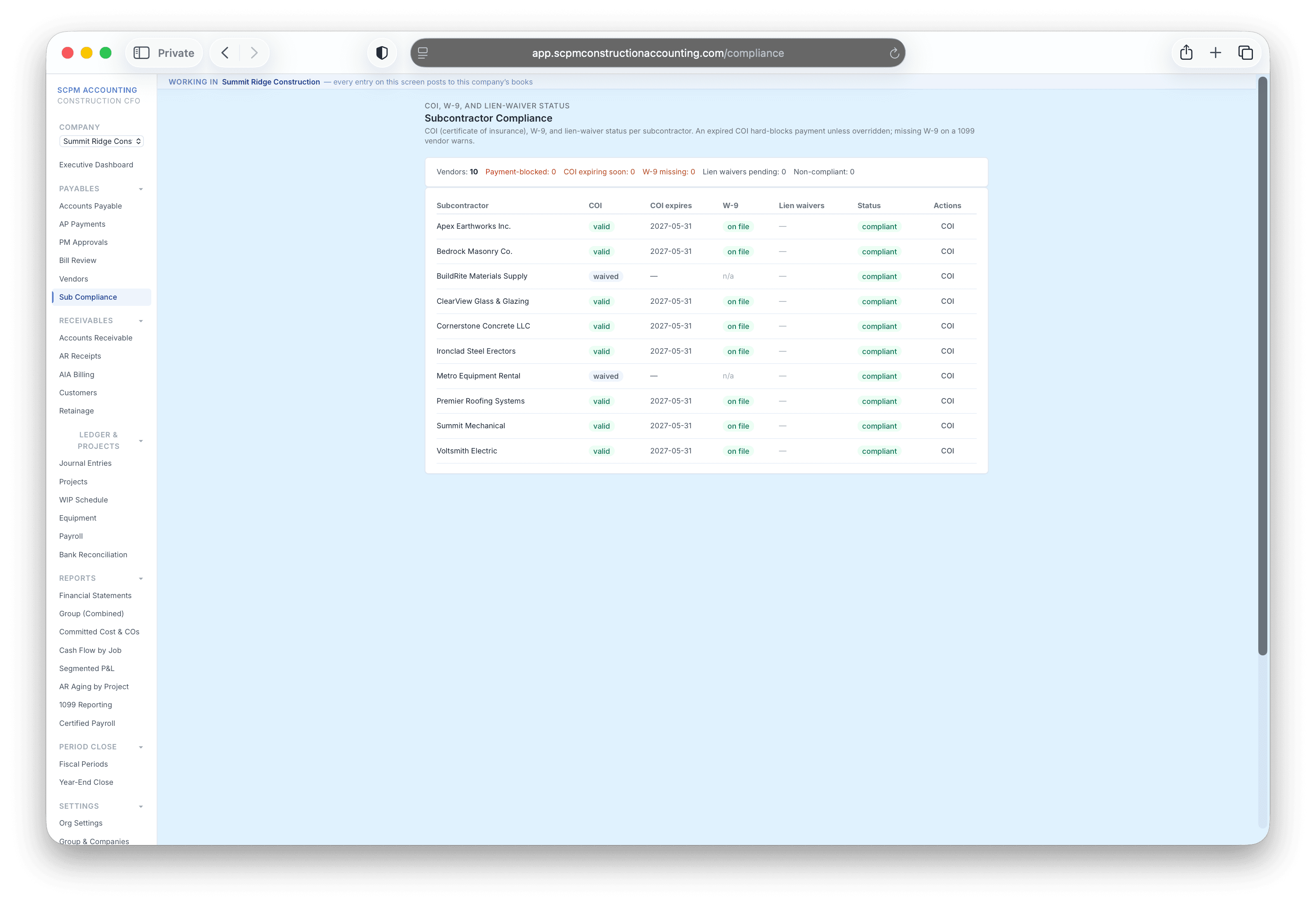 Vendor compliance dashboard with insurance and lien-waiver holds